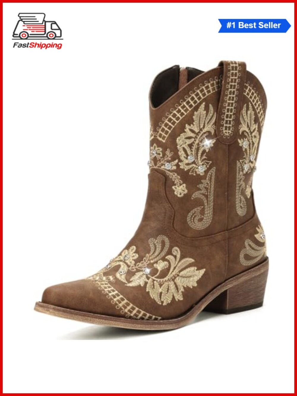 ✨ Western Embroidered Cowgirl Ankle Boots with Rhinestone Pointed Toe Chunky